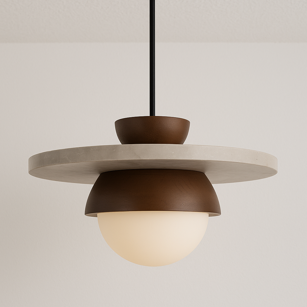 Luminária Pendente Moderna Minimalista Mármore Travertino Madeira Alborada