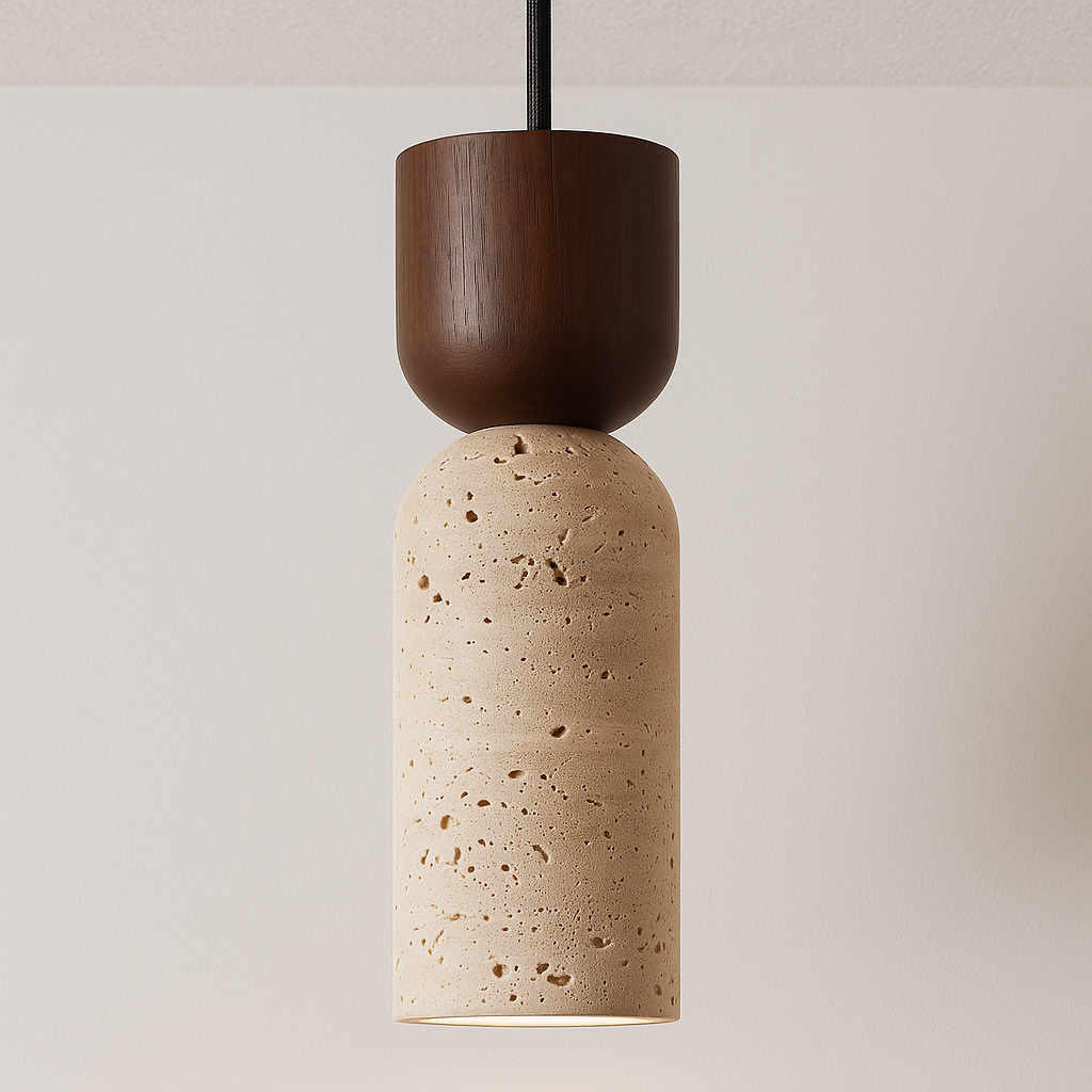 Luminária Pendente Rústica Minimalista Madeira Mármore Travertino Beacon