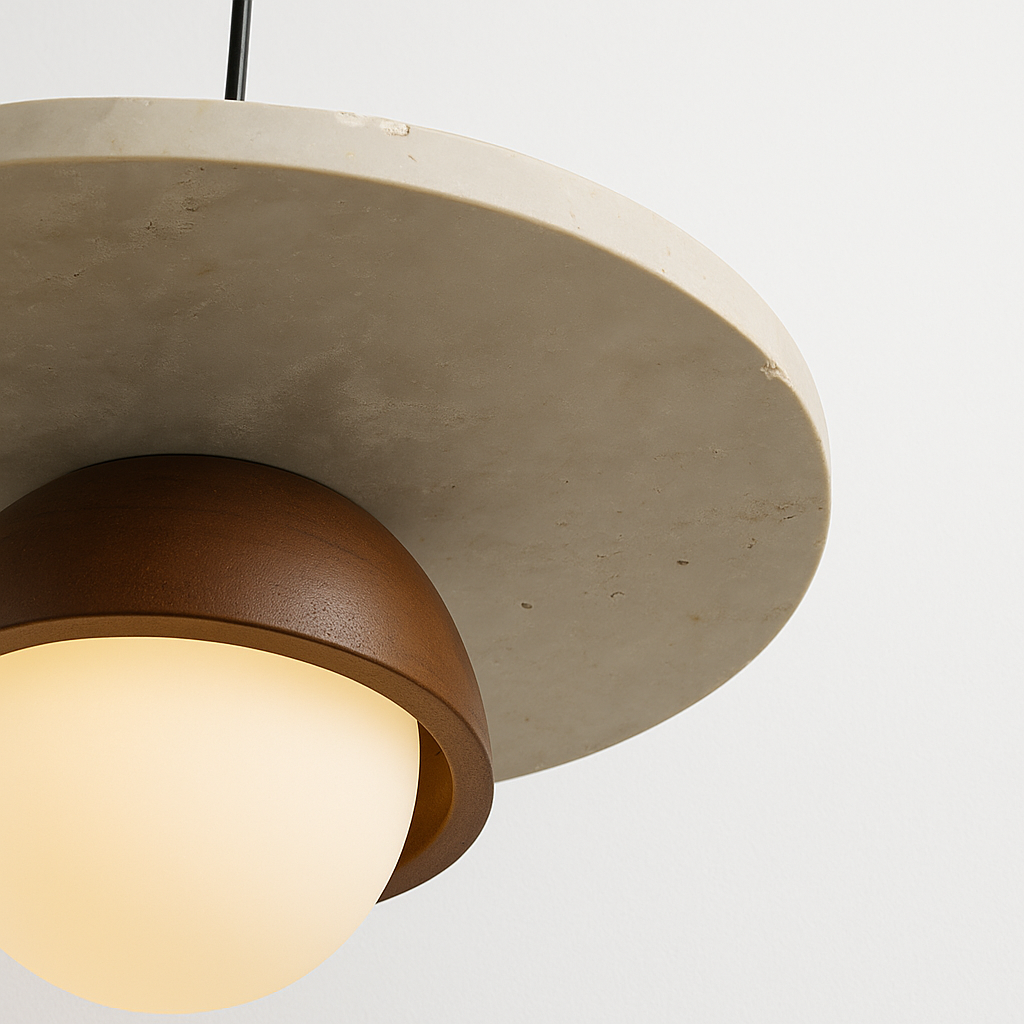 Luminária Pendente Moderna Minimalista Mármore Travertino Madeira Alborada