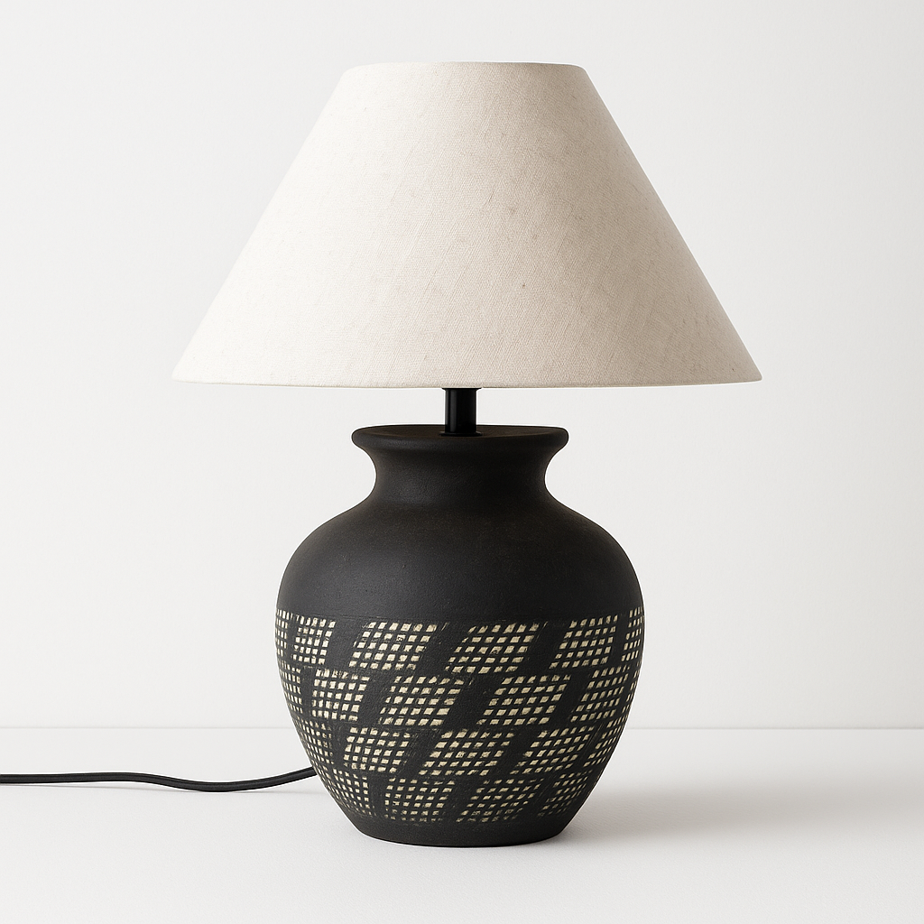 Luminária de Mesa Abajur Rústica Cerâmica Tecido Scaela - ABAZZUR™