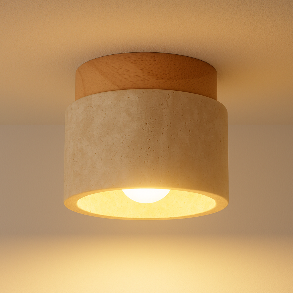 Luminária Plafon Moderna Minimalista Mármore Travertino Madeira Anzio - ABAZZUR™