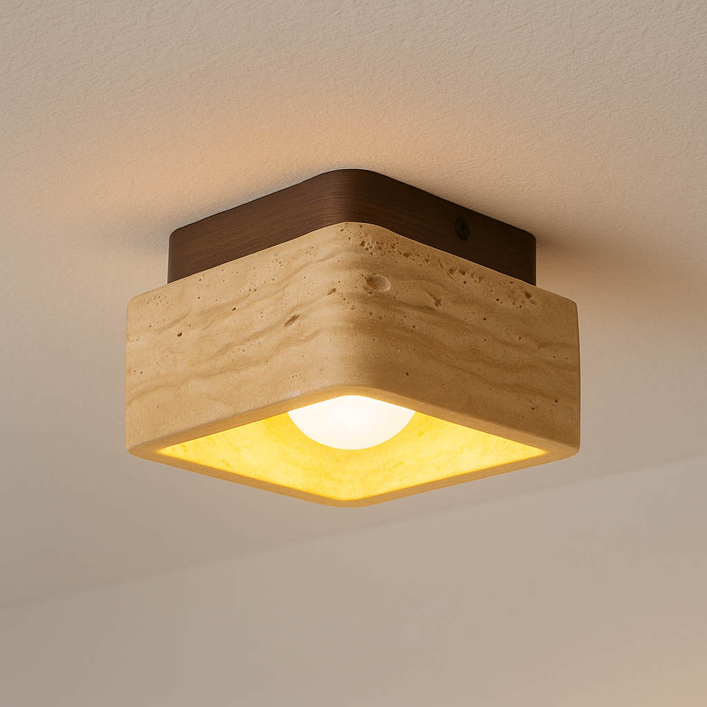 Luminária Plafon Moderna Minimalista Mármore Travertino Madeira Foggia - ABAZZUR™