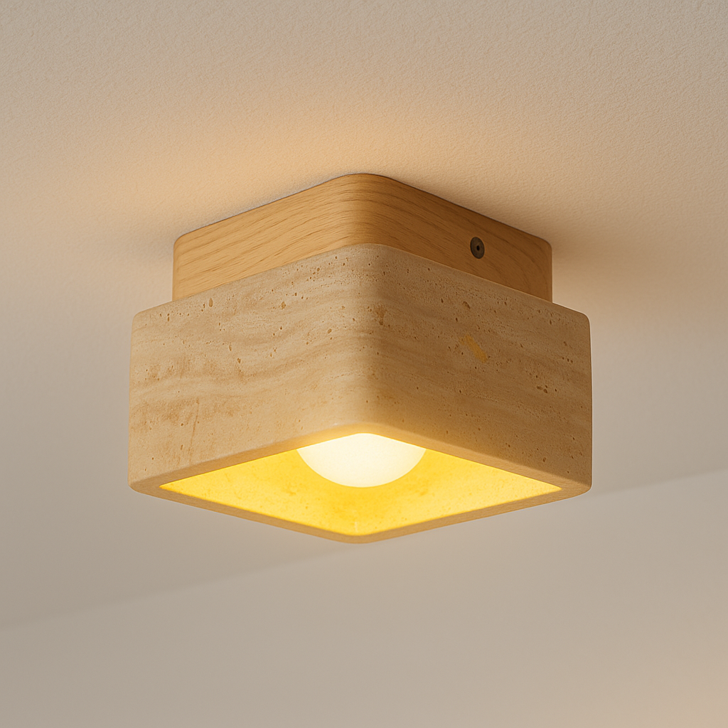 Luminária Plafon Moderna Minimalista Mármore Travertino Madeira Foggia - ABAZZUR™